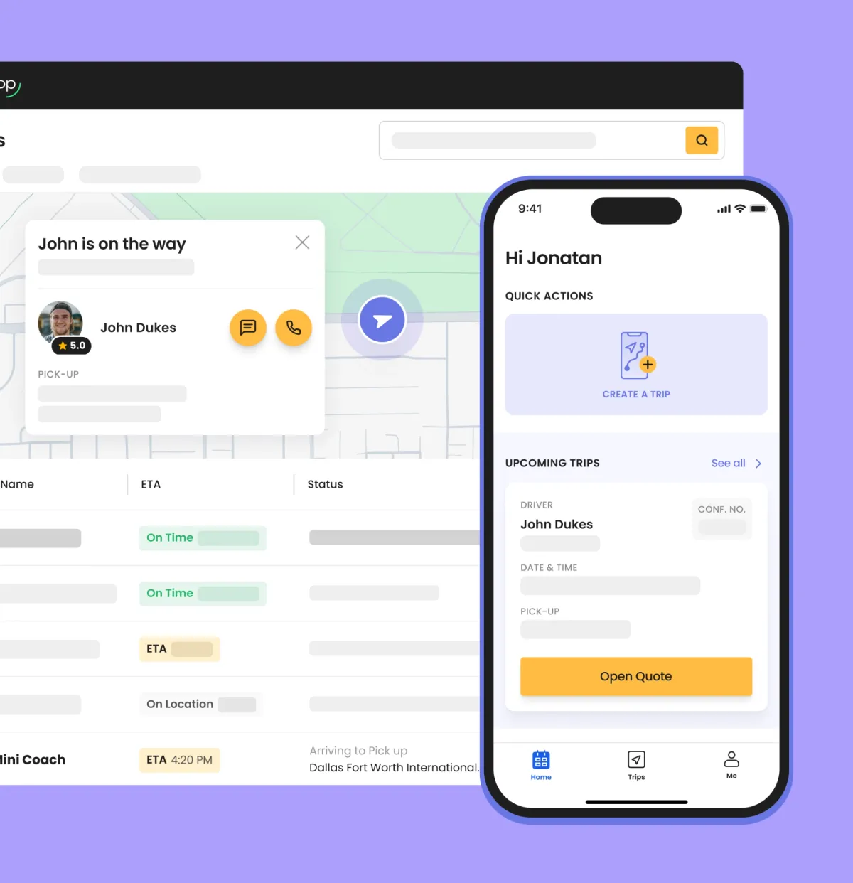 Swoop dashboard and rider app showing a live trip