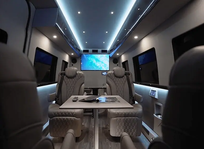 Luxury limousine interior set up as a mobile office