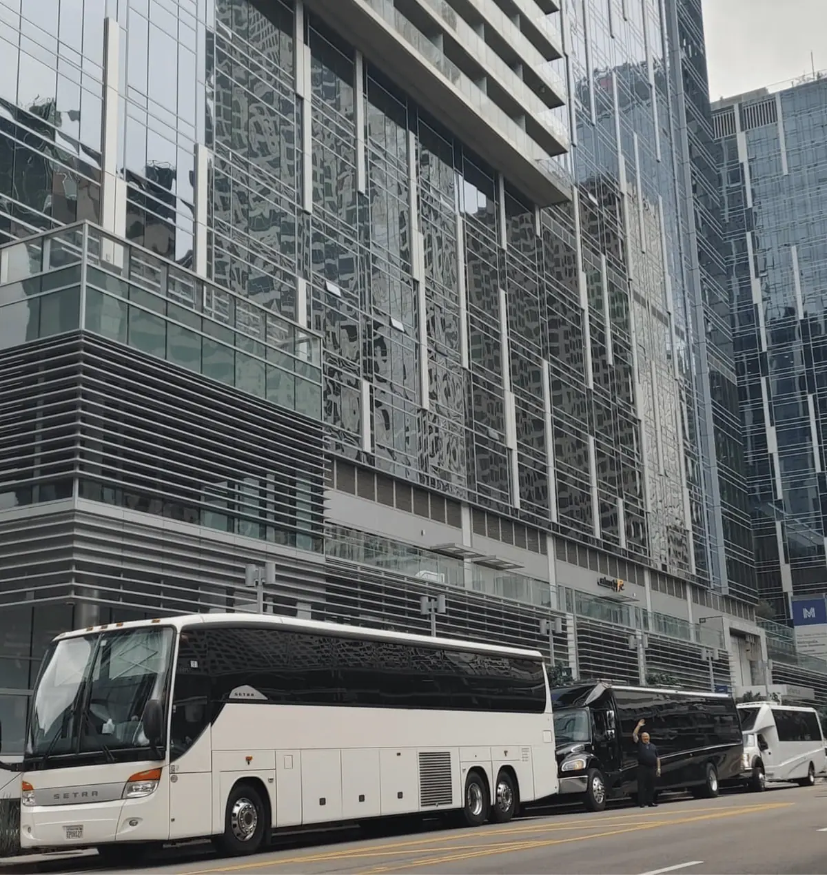 Buses outside corporate office