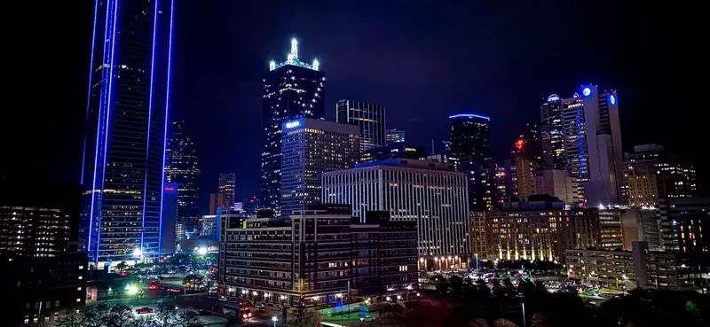 Dallas skyline lit up at night