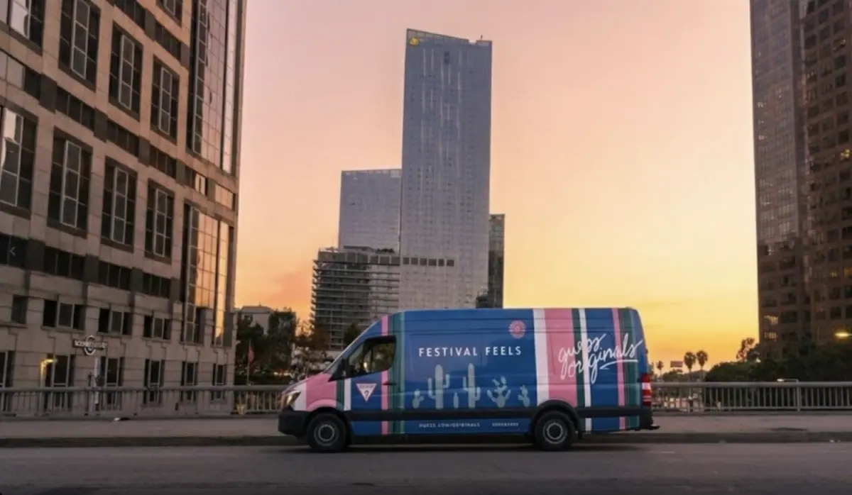A Mercedes-Benz Sprinter van featuring a vibrant "Festival Feels" festival shuttle wrap for Guess Originals. This brand takeover for event shuttles illustrates how Brand Managers can use stylized vehicle wraps to create an immersive lifestyle experience during major music festivals and youth-oriented marketing activations.