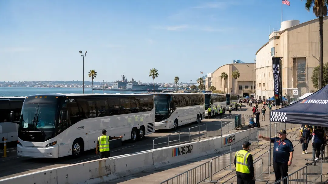 Buses and event operations at Naval Base Coronado.