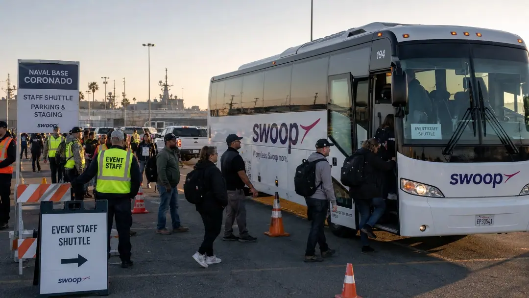 Swoop shuttles transported 2,500+ event staff and security personnel to Naval Base Coronado each day.