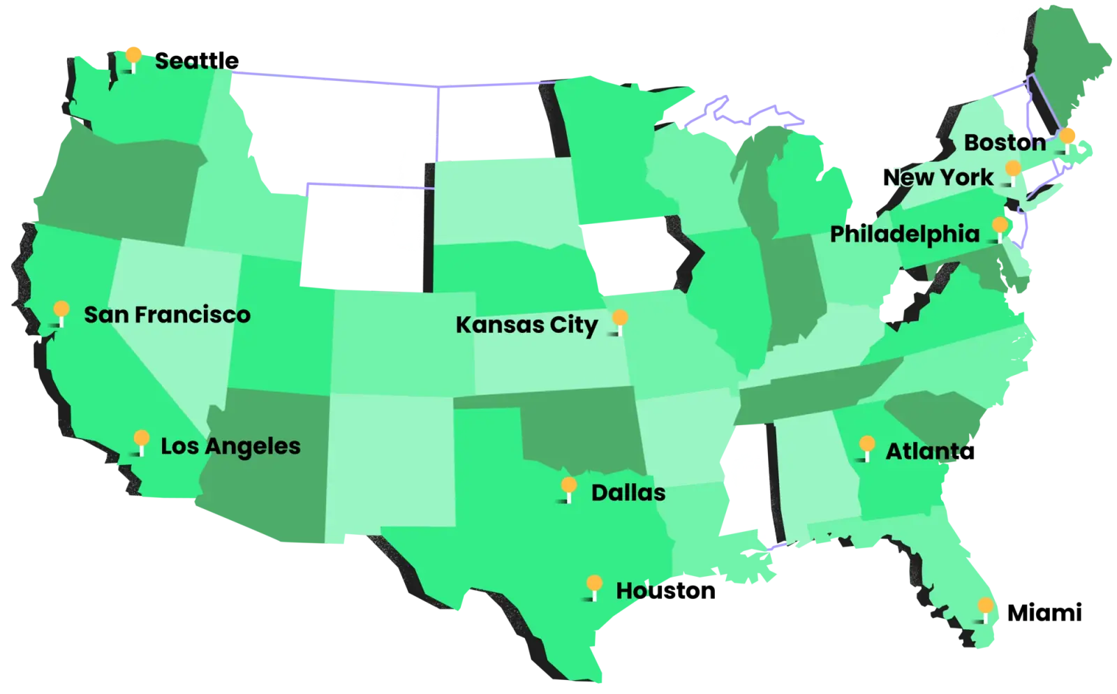 Map of the United States with the FIFA World Cup 2026 host cities