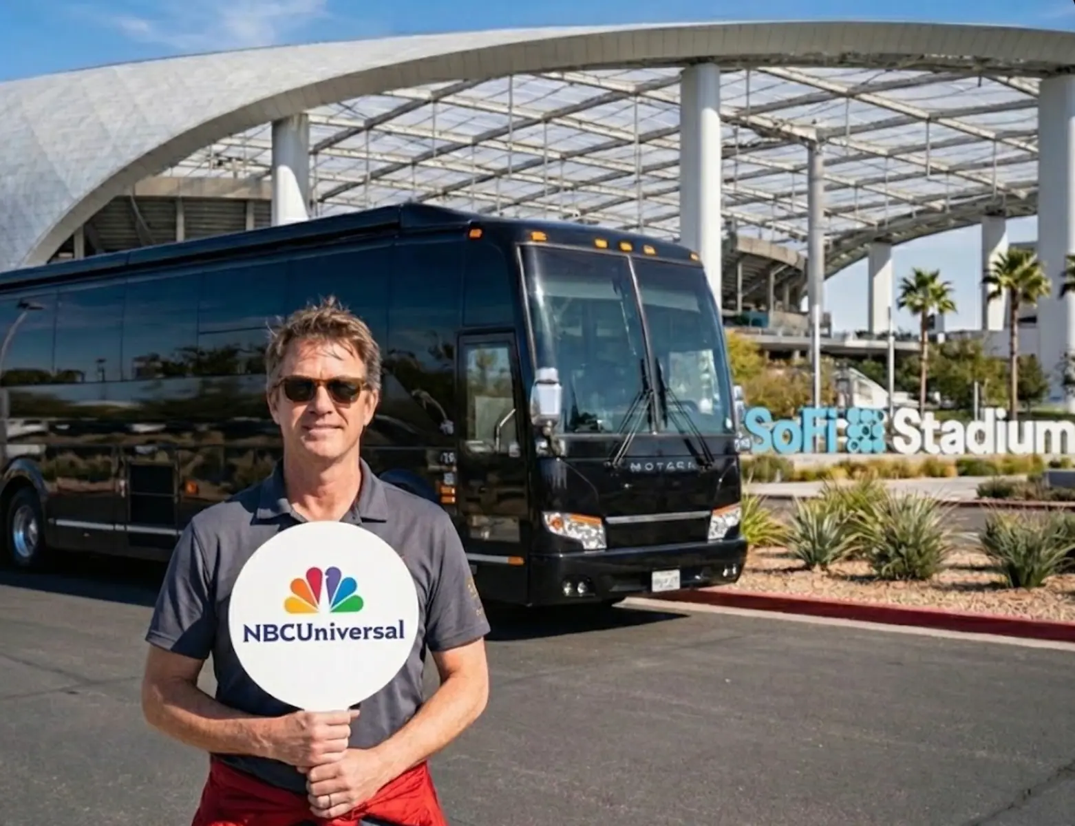 Swoop coordinator holding an NBCUniversal sign in front of a coach at SoFi Stadium