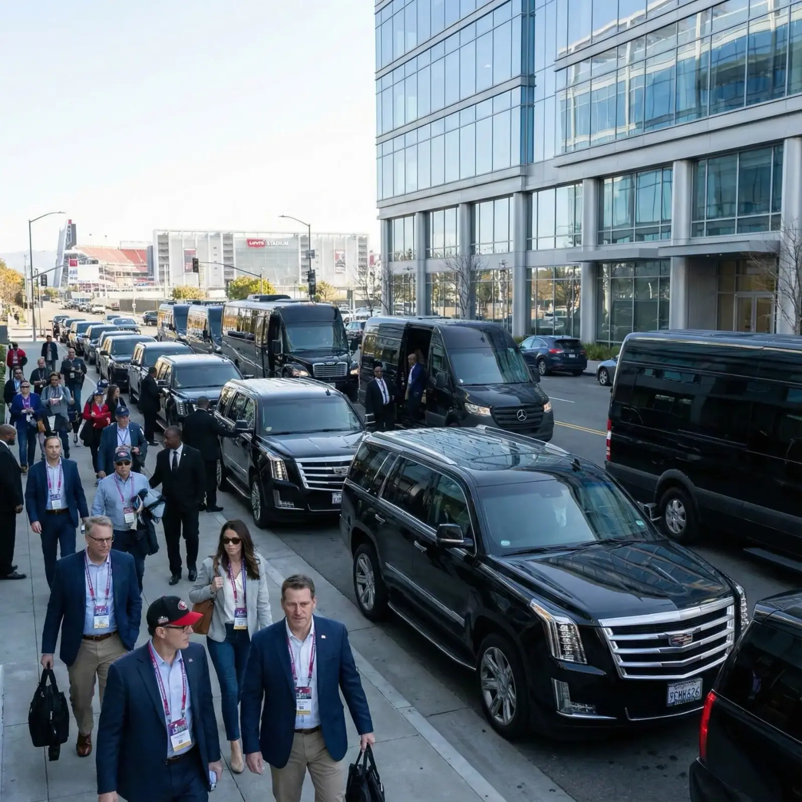 Guests walking past black SUVs and shuttles on a city street
