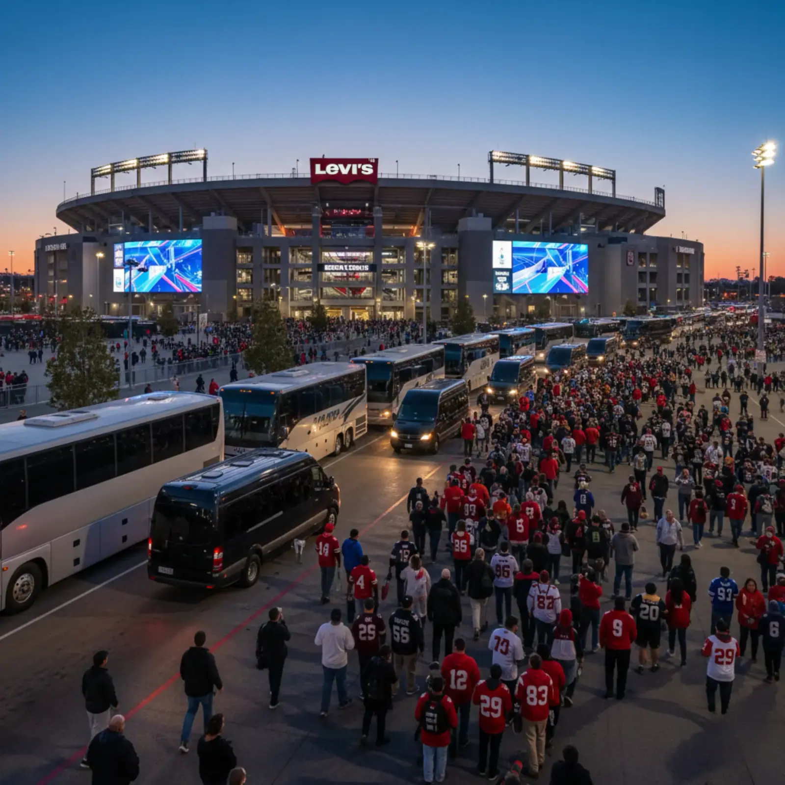 Charter buses and fans outside a stadium at dusk