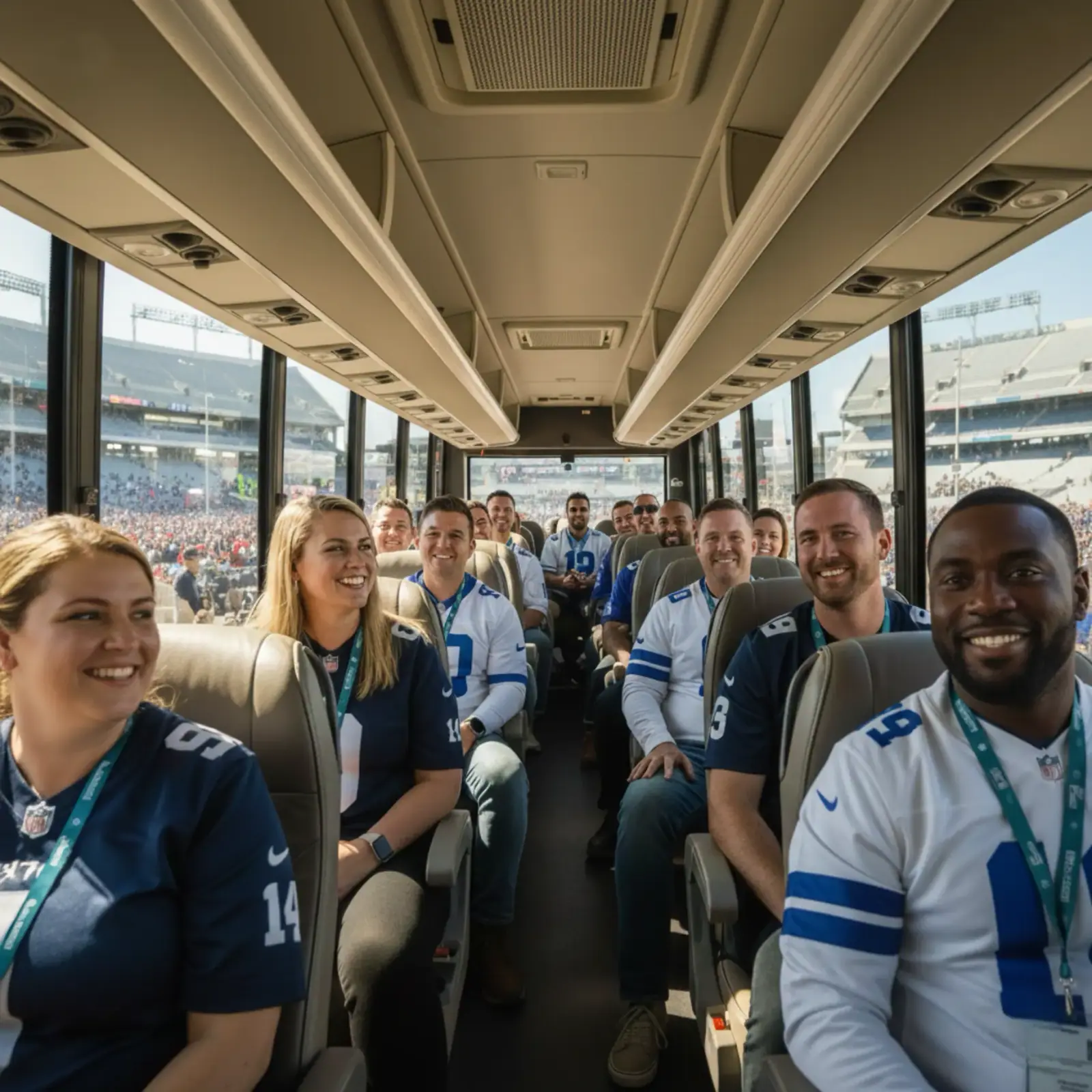 Football fans on board a charter bus