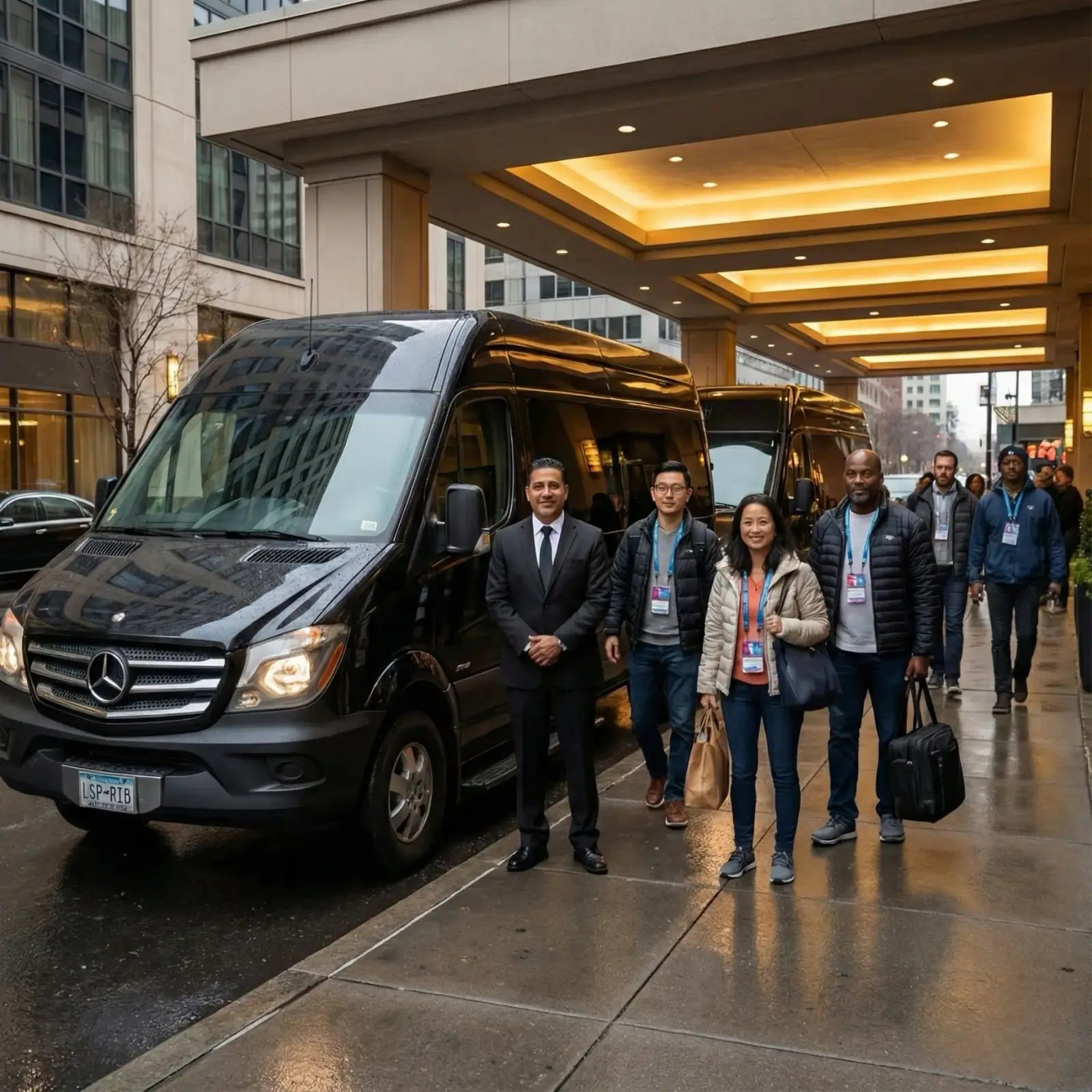 Guests with luggage next to a black Sprinter van at a hotel entrance