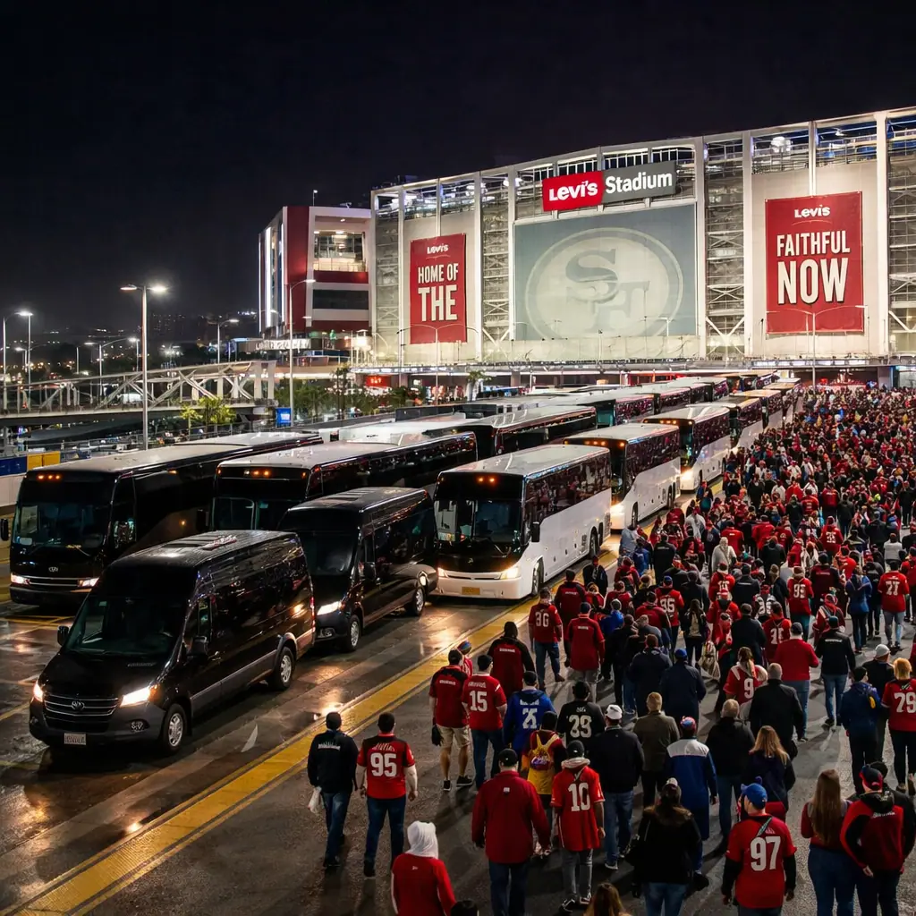 Charter buses and crowds of fans outside Levi's Stadium at night
