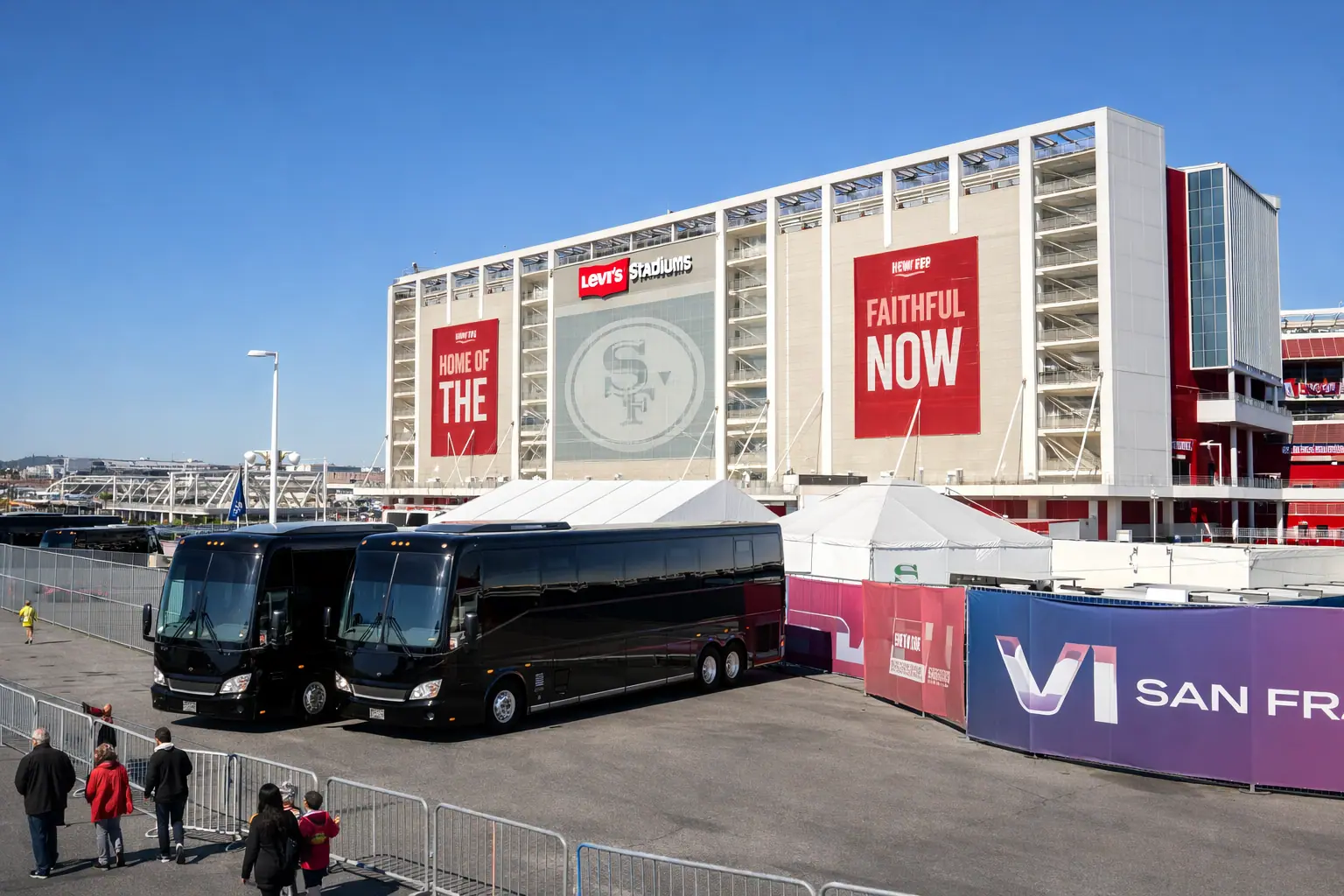 Charter buses parked outside Levi's Stadium in Santa Clara