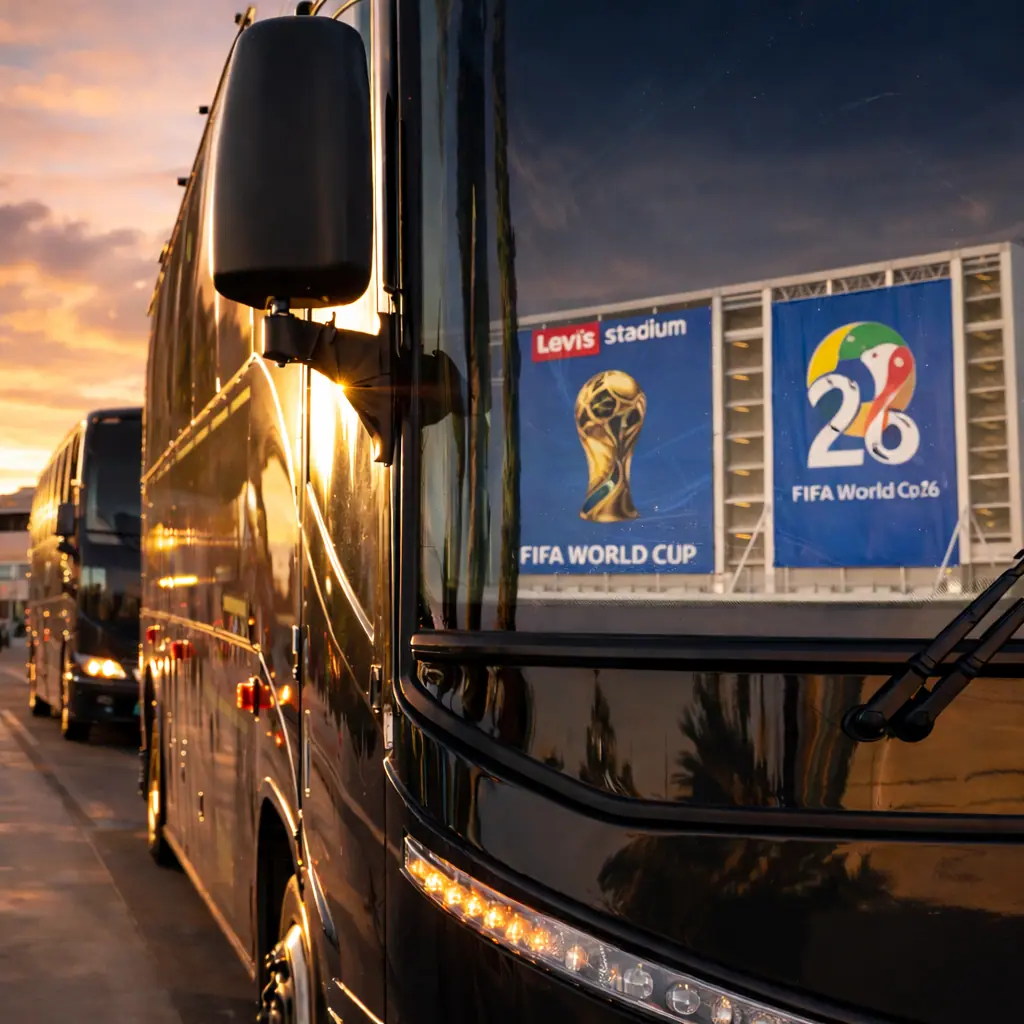 Coach bus with FIFA World Cup 26 signage at sunset