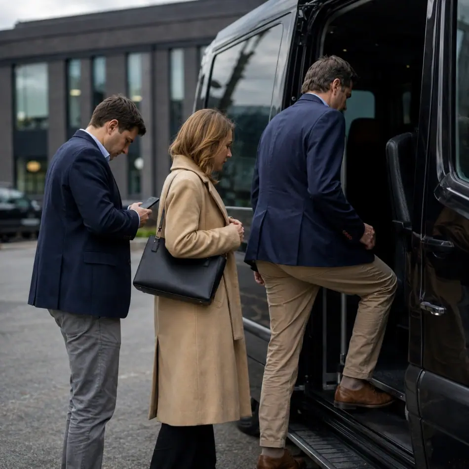 Business travelers boarding a black shuttle van