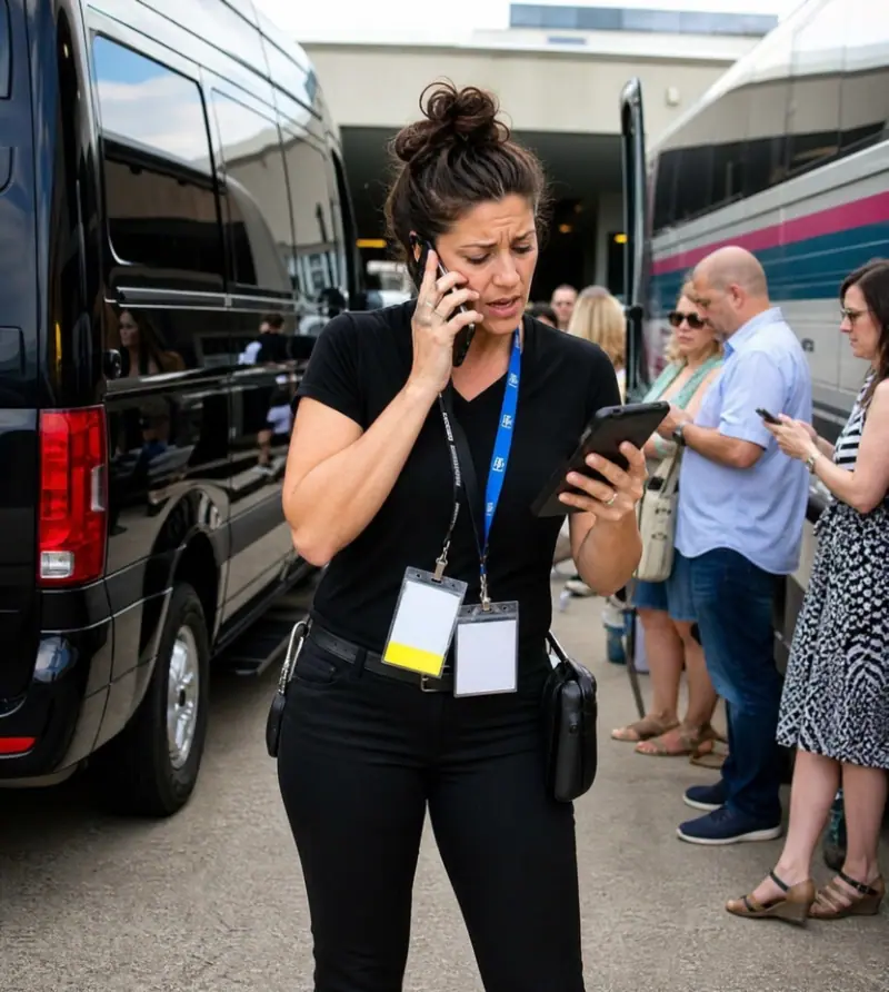 Event coordinator on the phone next to shuttle vans