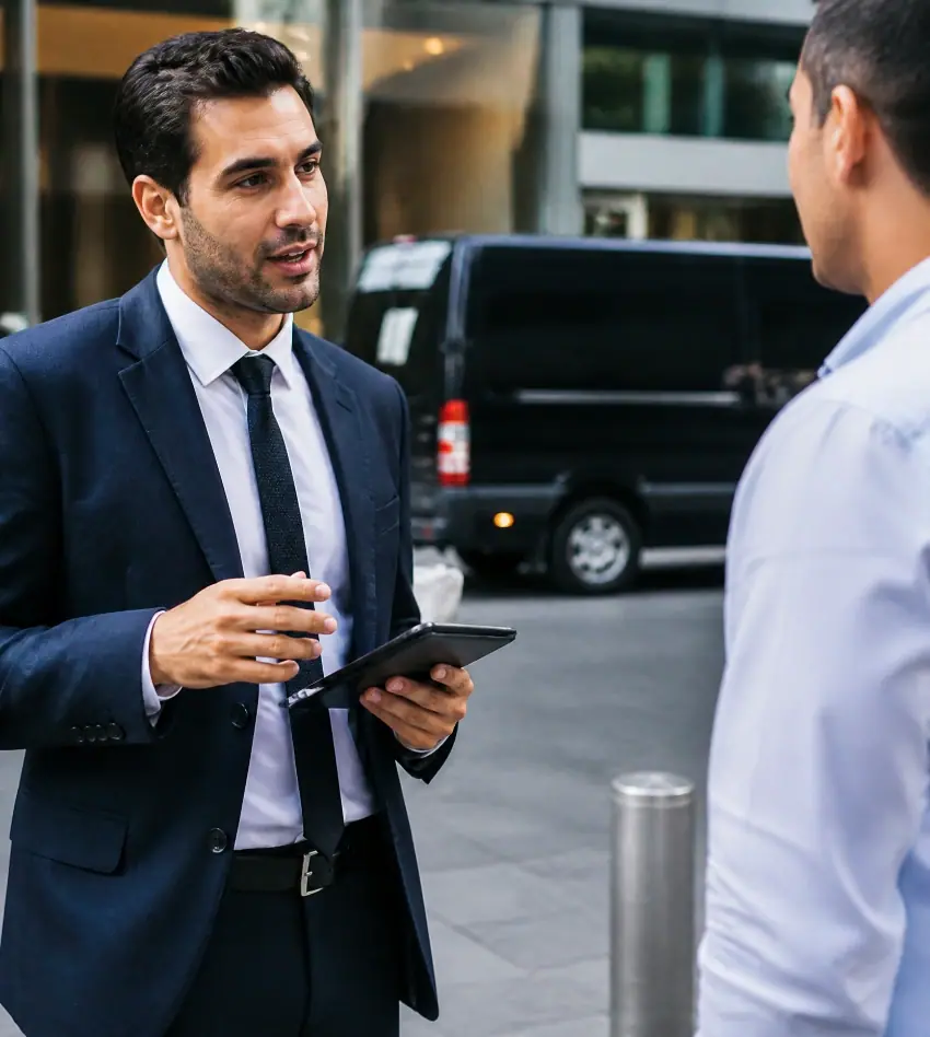 Event coordinator with a tablet talking to a guest next to a shuttle van