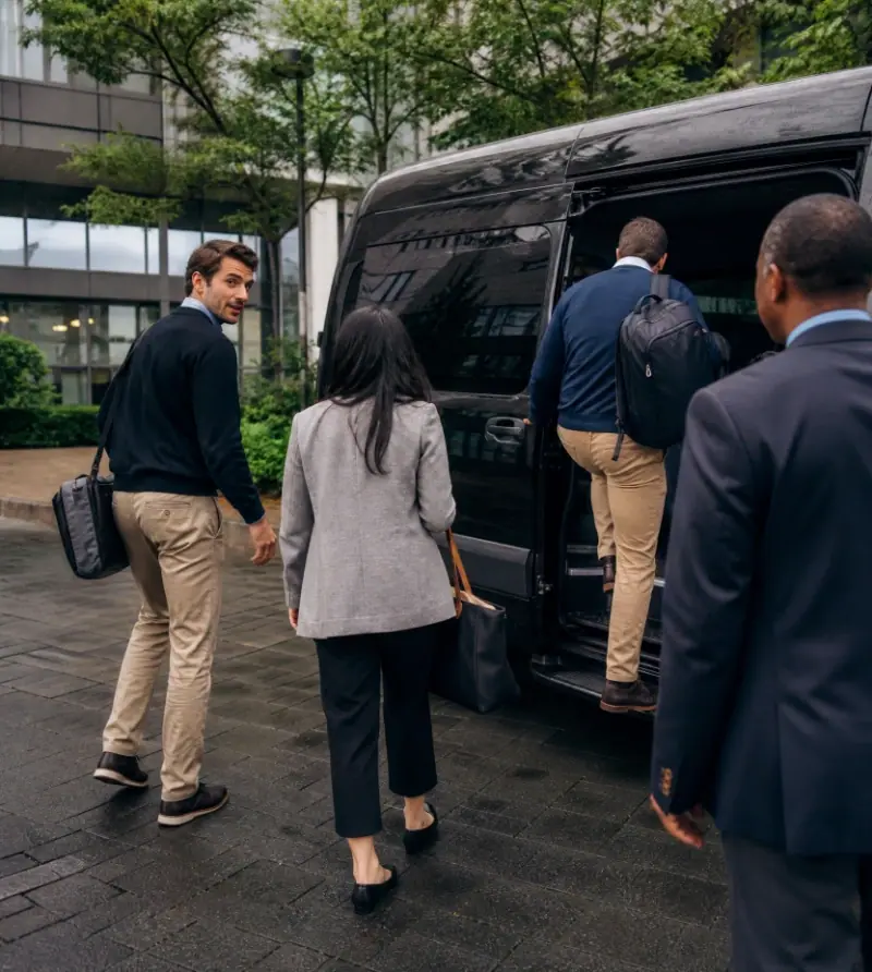 Business travelers boarding a black shuttle van