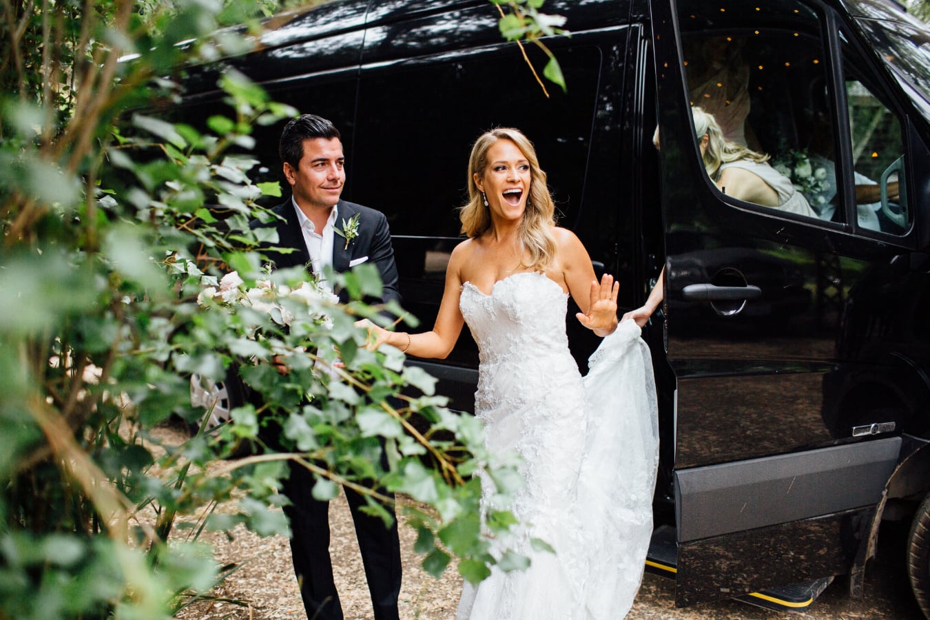 Bride and Groom exiting Swoop Van
